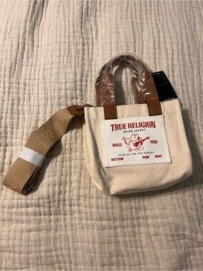 True Religion Canvas Mini Messenger Tote / crossbody with faux Leather Accents